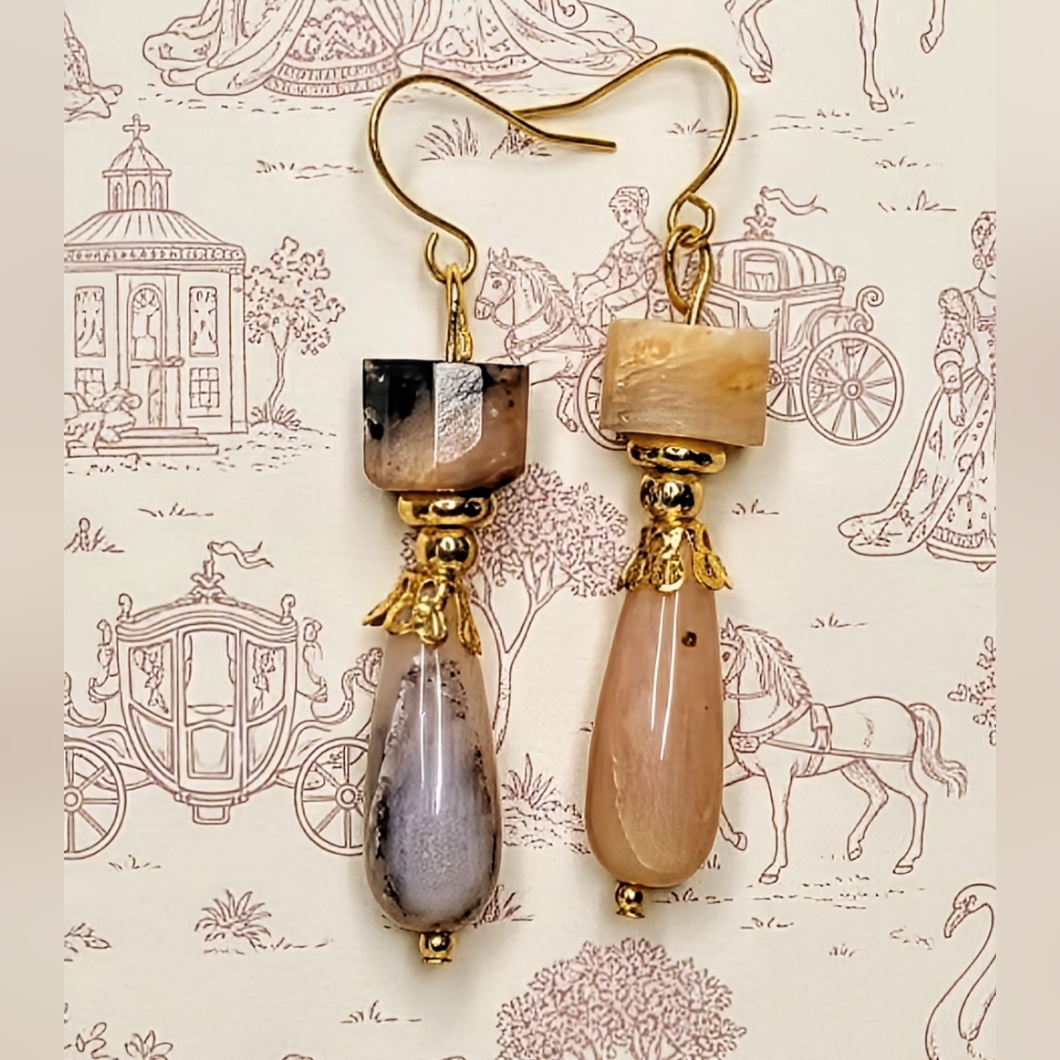 Natural Peruvian Pink Opal In Teardrop Form In Gold Plated Earrings